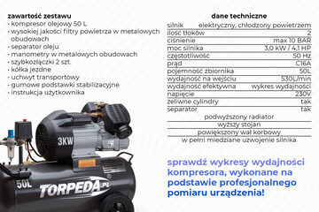 OLEJOWY KOMPRESOR DWUTŁOKOWY SPRĘŻARKA 50L / 3KW / 10 BAR PRACA CIĄGŁA 
