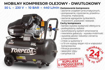 DWUTŁOKOWY KOMPRESOR OLEJOWY TORPEDA 2,2KW / 50L / 10BAR SPRĘŻARKA
